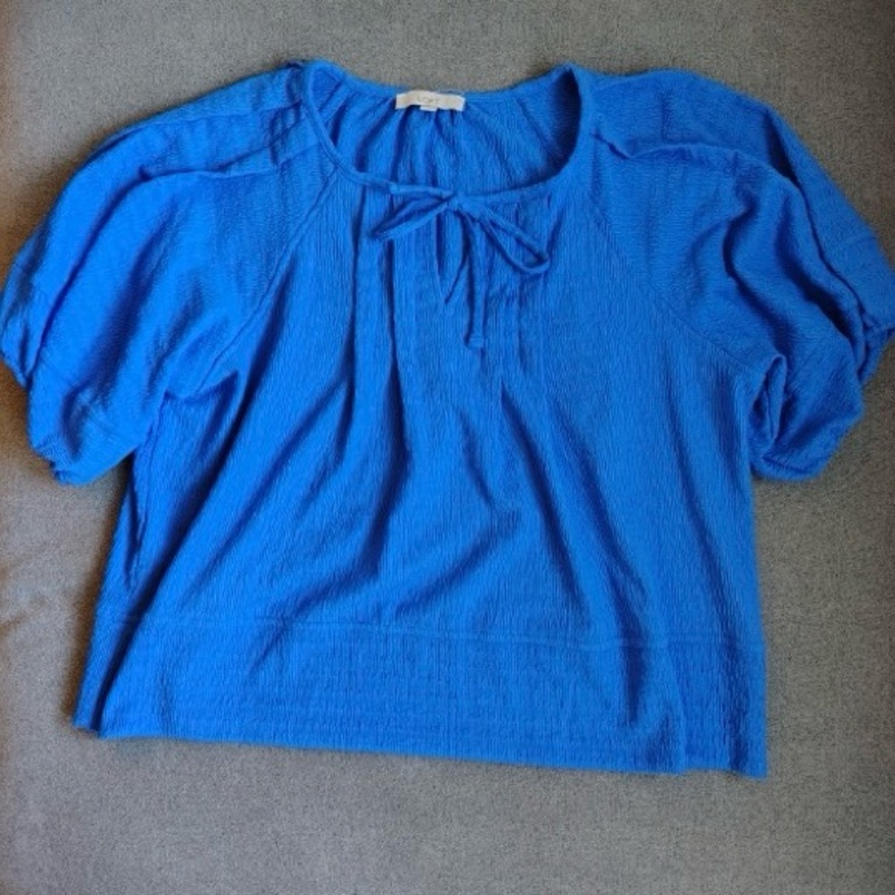 Loft Gauzy Puff Sleeve Top Womens 2X Blue Cropped Office Casual Tie Front